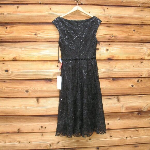 NWT Mac Duggal  Sequin Cap Sleeve V Neck Dress Black - Picture 10 of 16